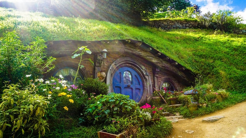 Cozy interior of a Hobbit Hole with a fireplace